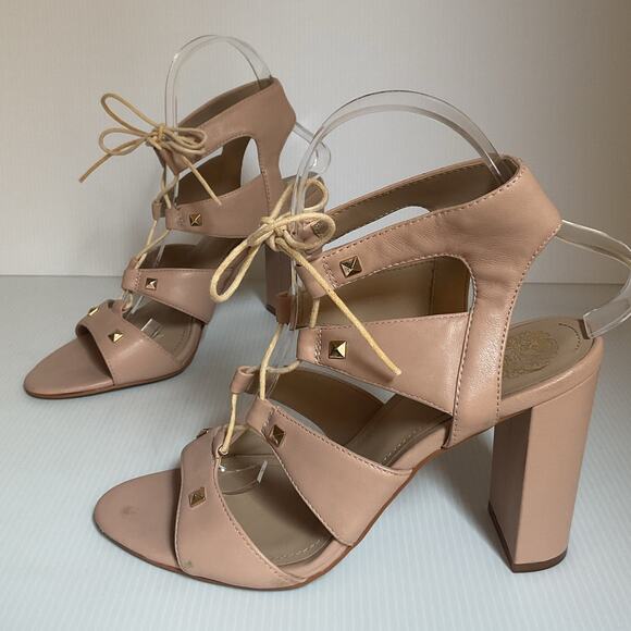 Vince Camuto Block Heel Lace-Up Sandals Studded  7.5 Blush Nude Pink Leather - Picture 1 of 12